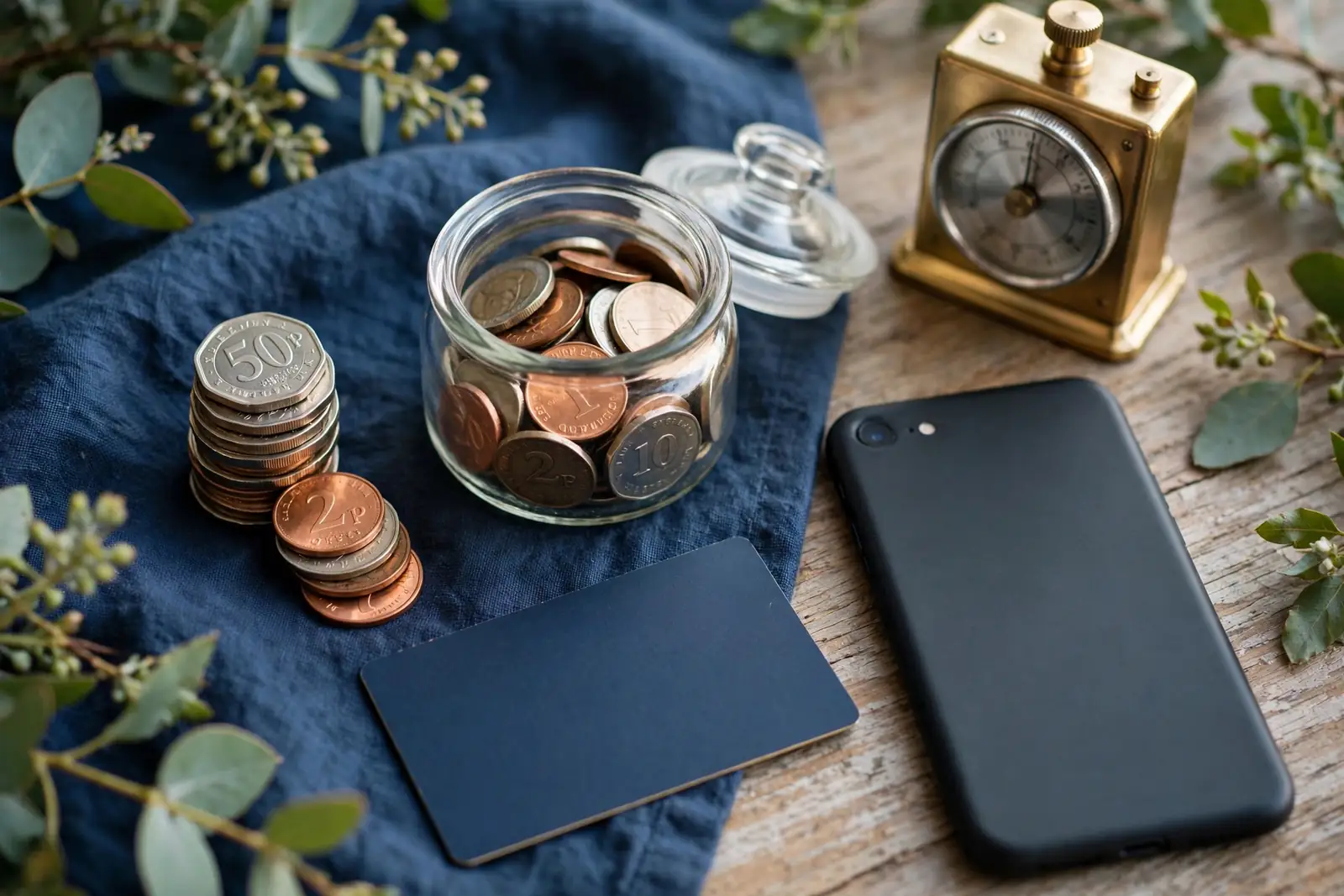 Limited coin stack beside savings, closed phone, and deposit card